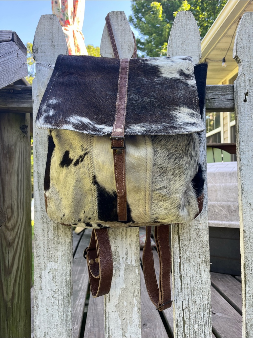 Myra Brown and White Cowhide Leather Backpack - Unbranded